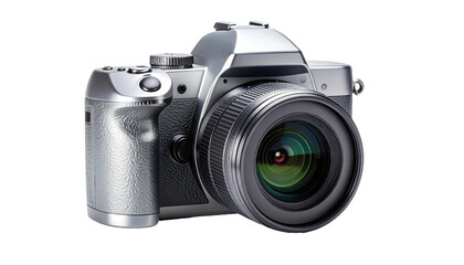Silver digital camera isolated on a black background, lens facing viewer