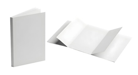 Realistic blank tri fold brochure mockup in closed and open positions isolated on transparent background