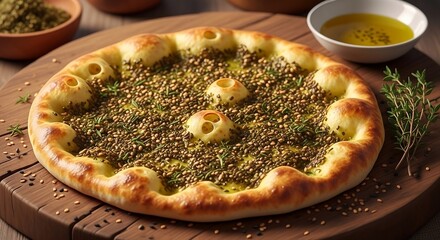 Zaatar Manakish Traditional Middle Eastern Flatbread on Wooden Board