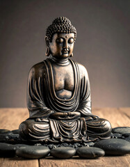Fototapeta premium Metal Buddha Statue with Pebbles on Wooden Surface