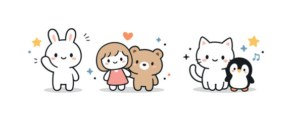 Obraz premium Playful Minimalist Characters. Cute character illustration. Small adorable characters with oversized heads and simple facial expressions, gently waving or