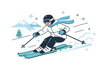 Downhill skiing action. Person confidently carving turns on skis, focused movement and controlled speed. Simplified mountains and abstract
