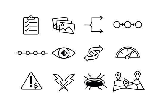 Plot planning. Line icon set of plot planning: checklist clipboard, scene cards, branching arrows, cause and effect chain, timeline nodes,