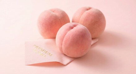 Three fresh peaches on a pink background