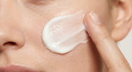 Woman applying face cream or lotion to her cheek