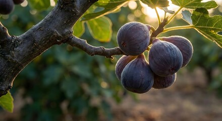 Dark blue plums or berries on a tree branch