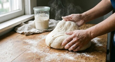 Hands kneading dough on a wooden table