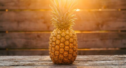 Fresh pineapple on a wooden surface in sunlight