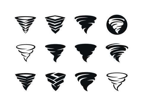Natural disasters. Icon set. Set Logo of natural disasters: tornado funnel. harmonious logo variations of the same emblematic concept, each