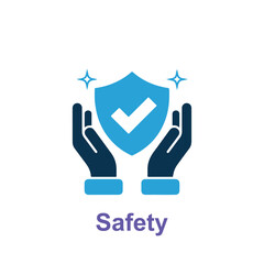 Hands holding a blue shield with checkmark symbolizing safety protection and security in modern flat design style