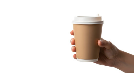 Hand holding a disposable coffee cup with a white lid isolated on transparent background