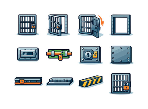 Prison cell door. Colorful isometric vector icons set of prison cell door: barred door front view, open cell door, closing door motion, steel