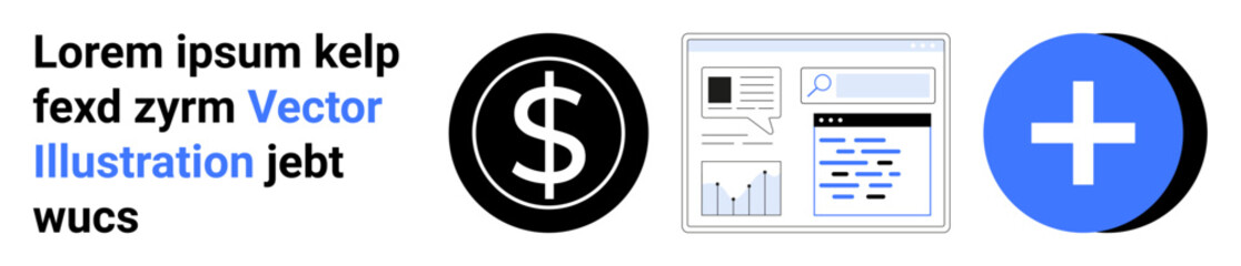 Obraz premium Finance, web development, healthcare, data analytics, digital services, graphic design. Dollar symbol, webpage interface and plus sign. Finance and web development through icons and layout