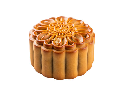 Traditional mooncake with intricate flower design on top  Chinese dessert transparent background