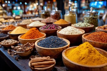 Fototapeta premium Colorful Spices and Herbs in Wooden Bowls at Market