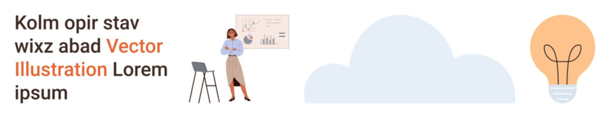 Marketing, cloud technology, innovation, idea generation, business presentation, education. A woman stands by a chart, a cloud icon and a lightbulb illustration. Marketing and cloud technology © robu_s