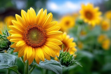 Fototapeta premium Close Up of Sunflower in Field with Blurred Background