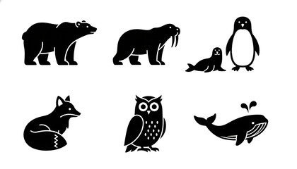 Fototapeta premium Arctic Animal Silhouette Clipart Set – Polar Bear, Penguin, Whale and Marine Wildlife Black Vector Icons for Classroom and Design Use