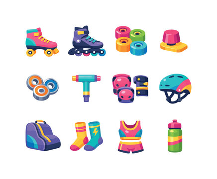 Roller skate gear. Colorful flat vector icons set of roller skate gear: quad skates, inline skates, skate wheels, toe stop, bearings, skate