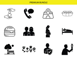 Fototapeta premium A diverse collection of black and white line and solid fill vector icons represents essential lifestyle concepts such as family, health, communication, food, and leisure activities.