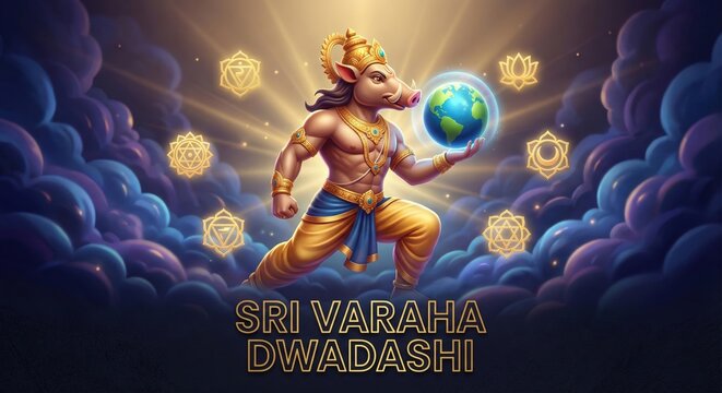 Divine Varaha avatar holding Earth surrounded by chakras and cosmic clouds celebrating Sri Varaha Dwadashi festival