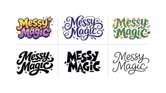 Messy magic lettering. Set lettering. harmonious lettering variations of the same emblematic concept, each with different artistic