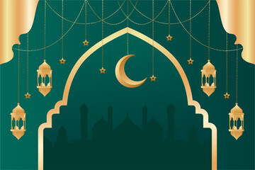 Green Ramadan arch, crescent moon, lanterns, mosque silhouette background © rendi