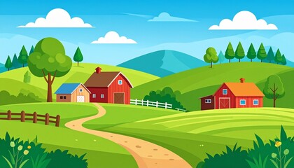 Obraz premium Charming countryside houses in lush green valley with blue sky and clouds