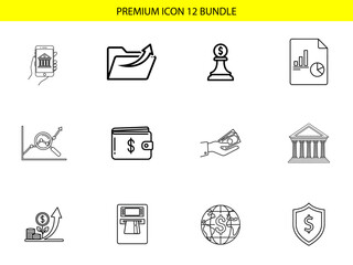 Fototapeta premium This group of twelve finance and banking line icons illustrates digital money access, documentation, assets, and security measures.