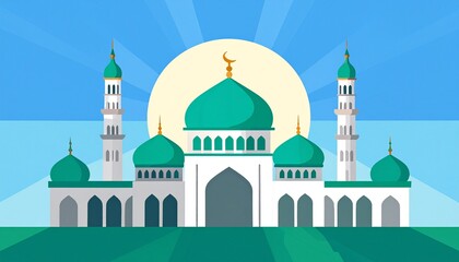 Fototapeta premium Islamic mosque with green domes and minarets under clear blue sky vector illustration