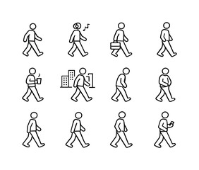 Urban Walking Lifestyle. Line icon set of Urban Walking Lifestyle: casual city walk, person with headphones walking, commuter walking,