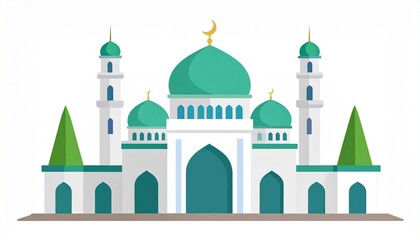 Fototapeta premium Illustration of white mosque with green domes and minarets vector design islamic architecture