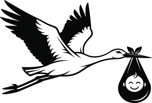 Black and white stork delivering newborn baby bundle, classic birth announcement symbol, flying bird silhouette illustration isolated on white background, parenting and family concept art