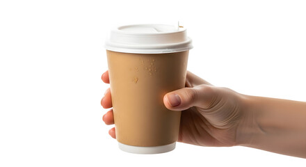 Hand holding a cardboard coffee cup with a white lid isolated on transparent background
