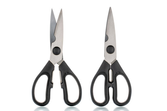 Kitchen scissors isolated on white background, close-up.