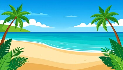 Fototapeta premium Tropical beach paradise with palm trees and turquoise ocean under sunny blue sky