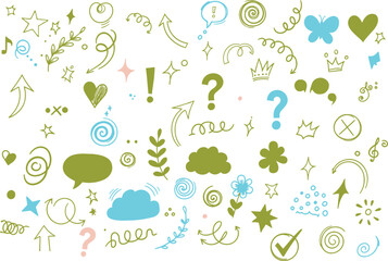 Pastel Hand Drawn Doodle Symbol Set With Arrows, Clouds and Decorative Elements