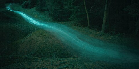 A glowing blue light trails through a dark forest at night