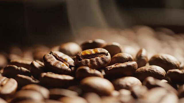 Steaming roasted coffee beans with warm light and detailed texture
