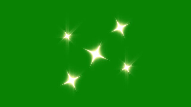 Twinkle star glitter sparkle shine animation with blinking retro cartoon doodles and gold glowing light trails, flat vector starlight shimmer effect on transparent green screen background in vivid 4K