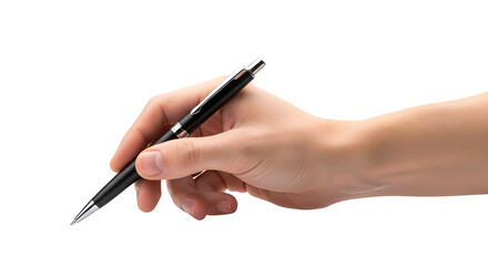 Hand holding a black ballpoint pen writing on paper isolated on transparent background