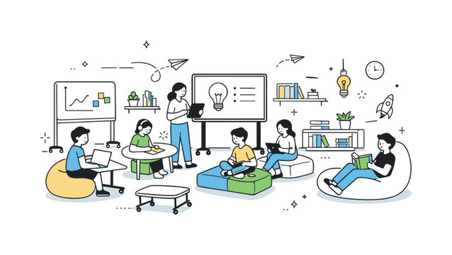 Flexible education future. A modern classroom without fixed desks, featuring movable elements and relaxed learning zones. The illustration