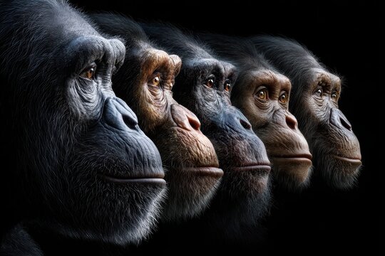Evolution of primates displayed through five distinct faces in a progressive lineup