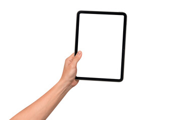 Hand holding modern tablet mockup with blank screen isolated on transparent background. Tablet PC with empty display for copy space.