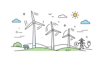 Wind Energy Progress. Renewable power . Wind turbine blades turning steadily in an open landscape, symbolizing clean electricity and progress. Calm,