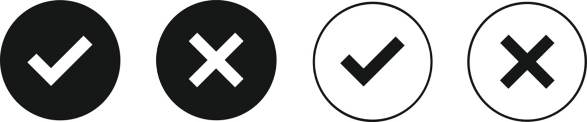 Fototapeta premium Check and cross circle icon set in filled and outline styles for confirmation, validation, and user interface design