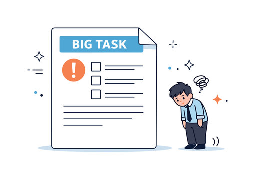 Fear of failure workplace impact. An employee shrinking slightly beside an oversized task or document, symbolizing overwhelm and self-doubt.