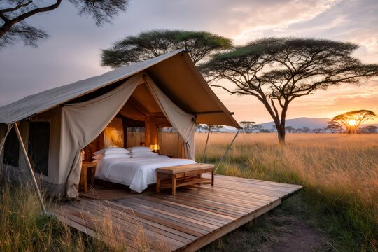 Luxury safari tent offering glamping experience in african savanna