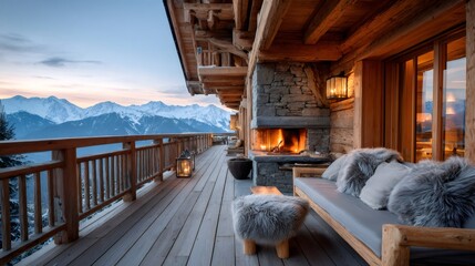 Naklejka premium Alpine chalet balcony with outdoor fireplace and mountain view at sunset