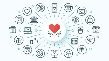 Charity and Community Support Line Icons with Heart in Hands Concept